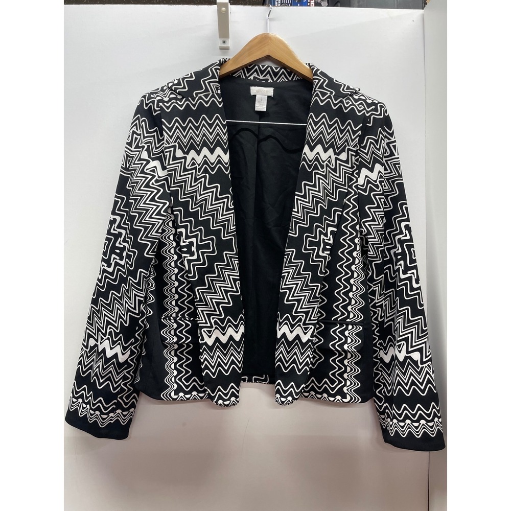 Chicos Black White Geometric Zigzag Open Front Blazer Jacket Size 1 M 8 10